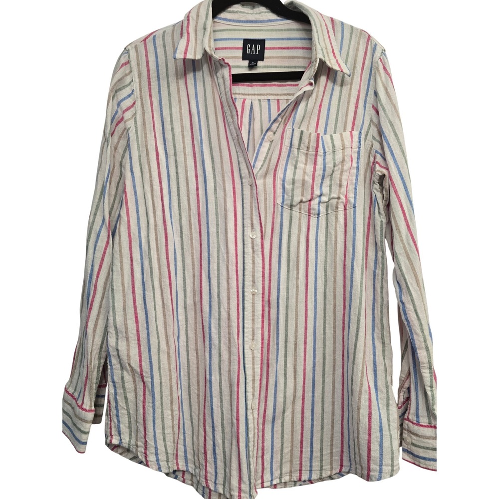 GAP Linen Rayon Striped Button Up Shirt Women's Small Coastal Preppy Cottage - Picture 3 of 7